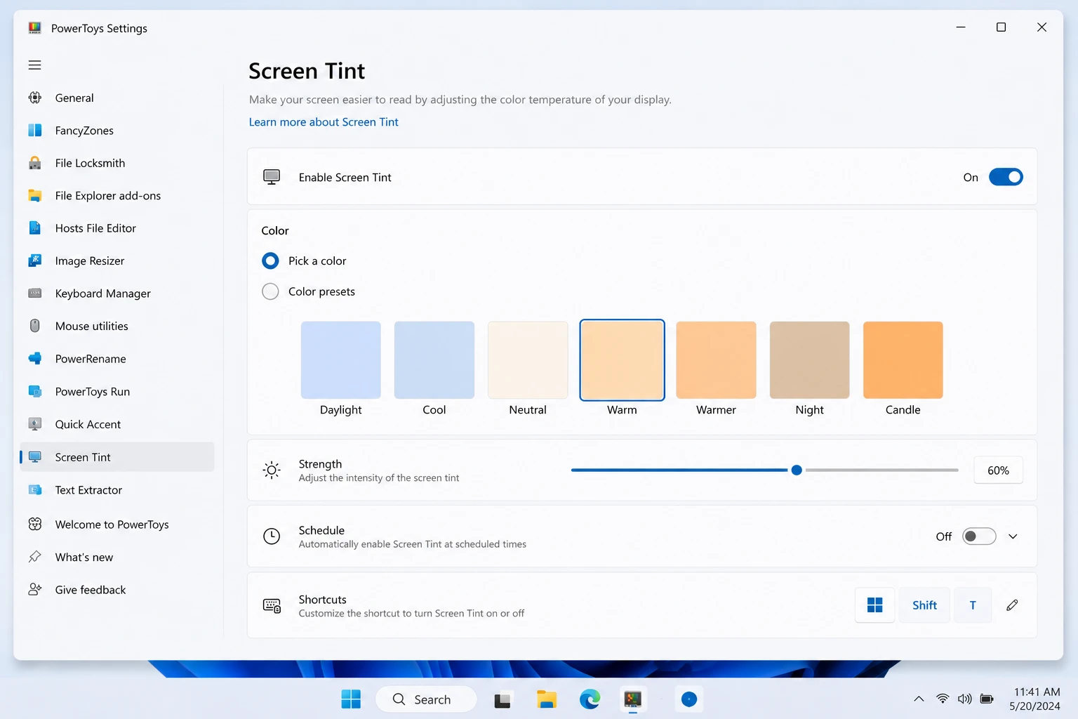 Screen Tint accessibility settings showing preset color options