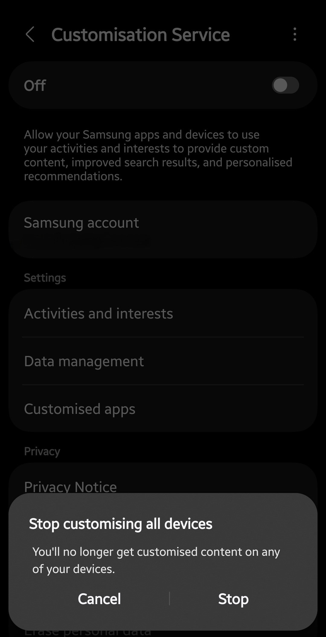 Samsung Customisation Service showing Stop prompt pop up