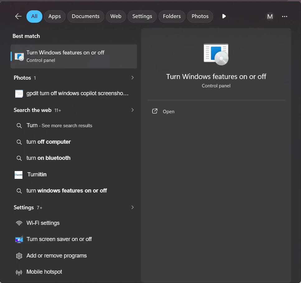 search showing turn windows feature on or off