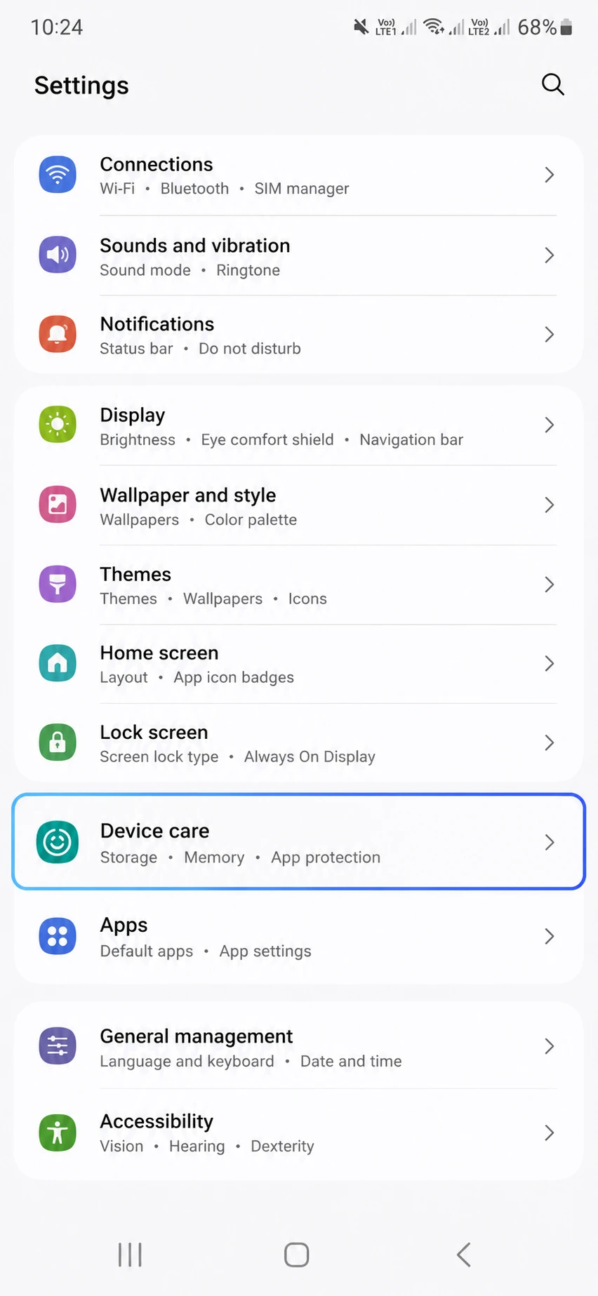 settings screen highlighting the device care entry Device Care menu on a Samsung Galaxy running One UI
