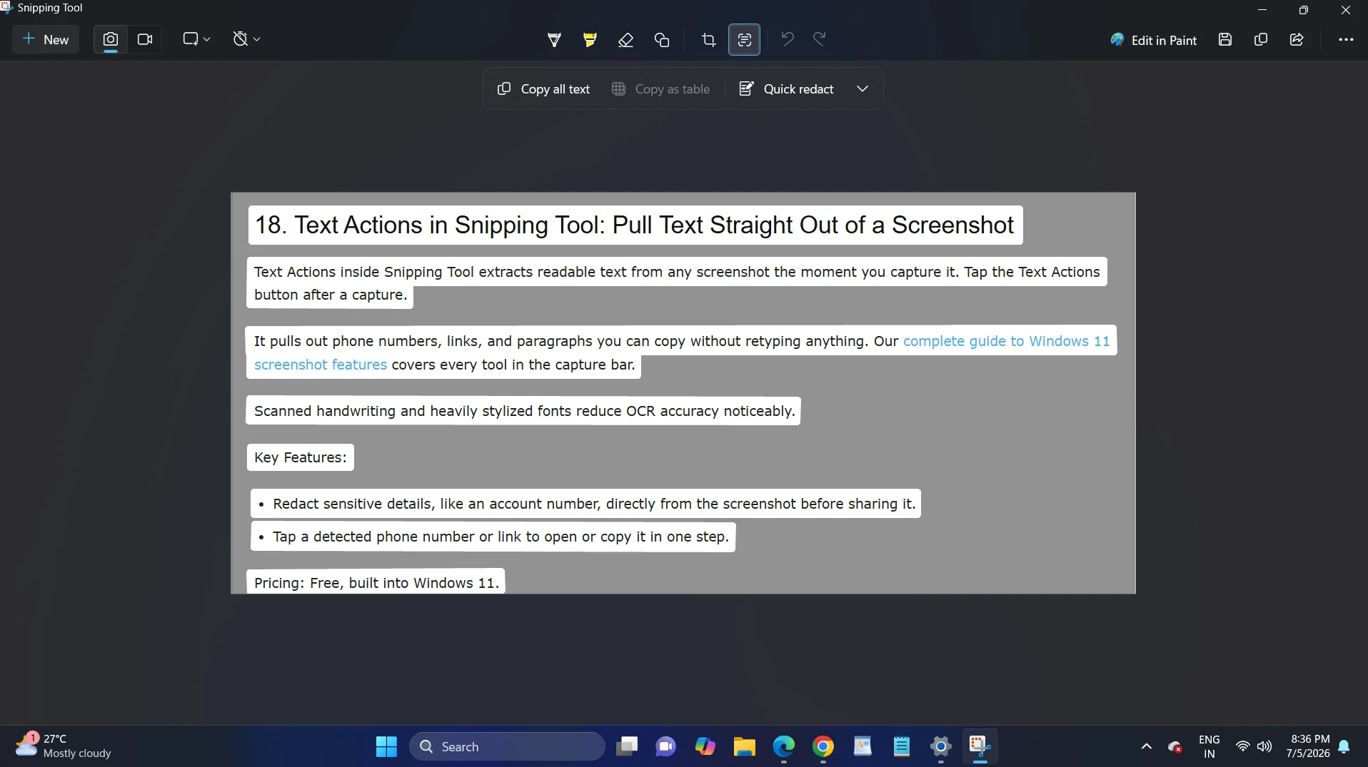 Snipping Tool Text Actions feature highlighting extracted text