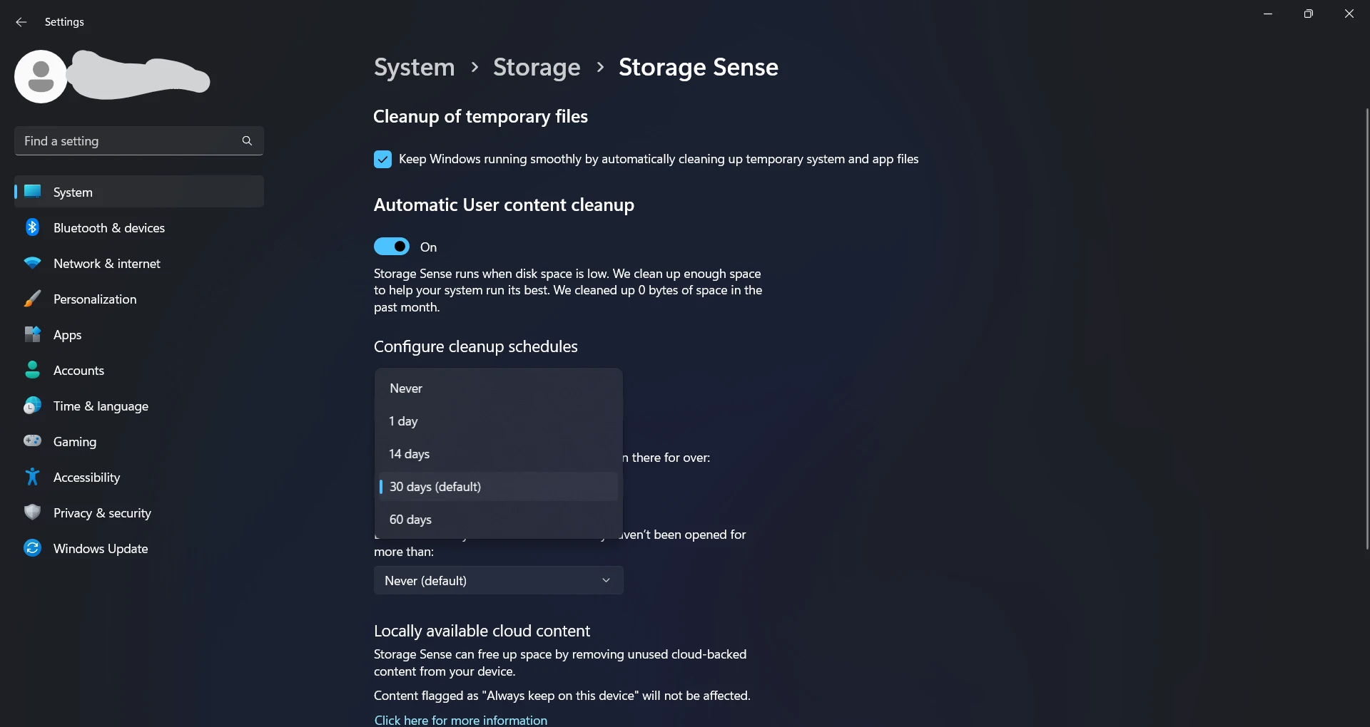 Storage Sense settings showing automatic file cleanup schedule