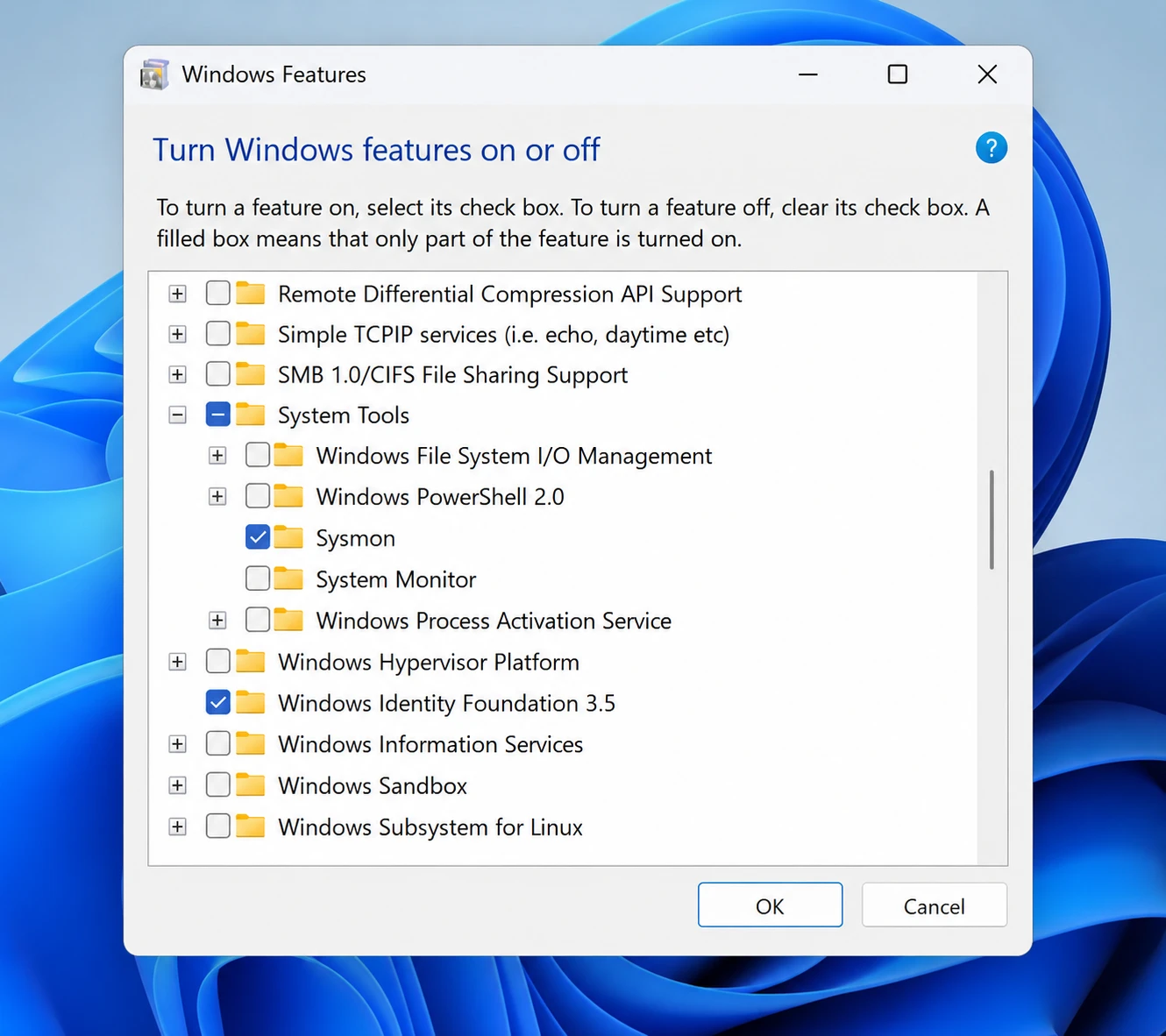 sysmon checkbox enabled in windows features dialog on windows 11