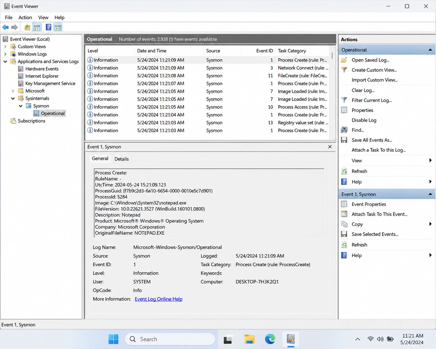 sysmon operational log open in windows 11 event viewer