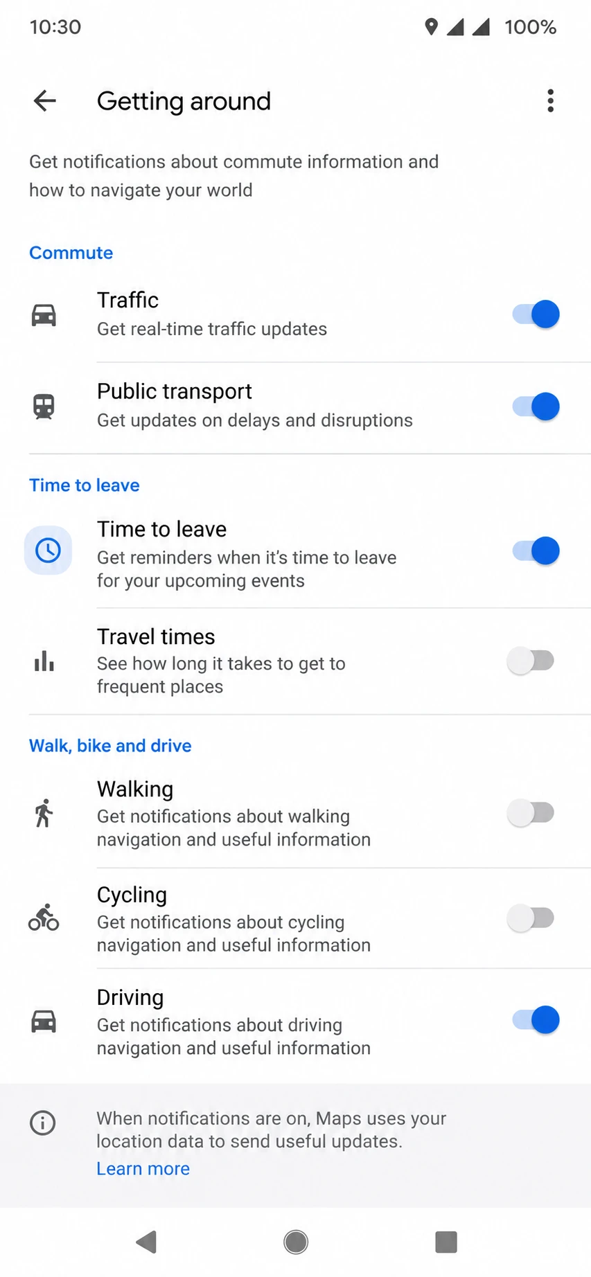 time to leave notification setting in google maps
