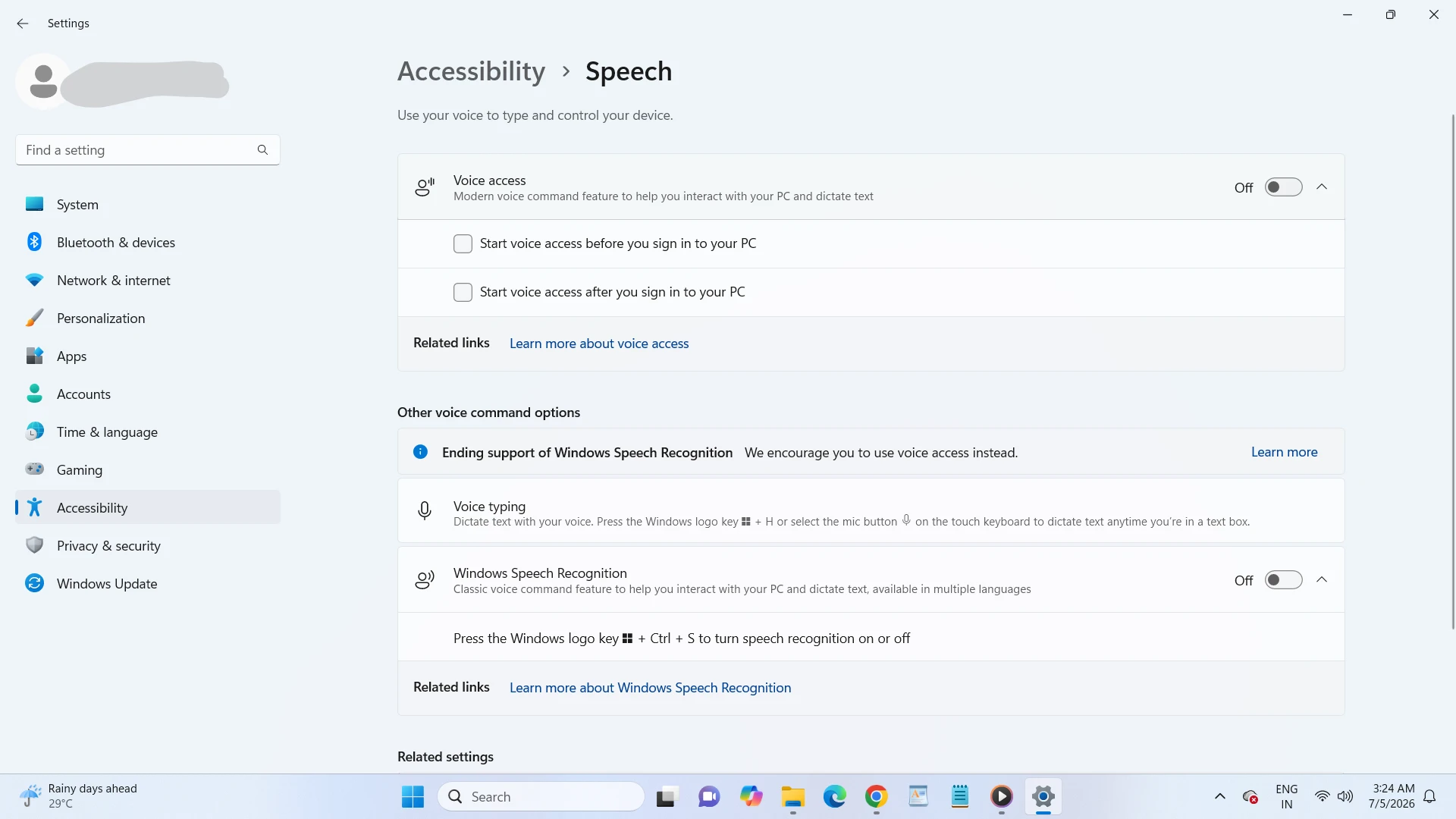 Voice Access settings menu with Voice Isolation mode enabled