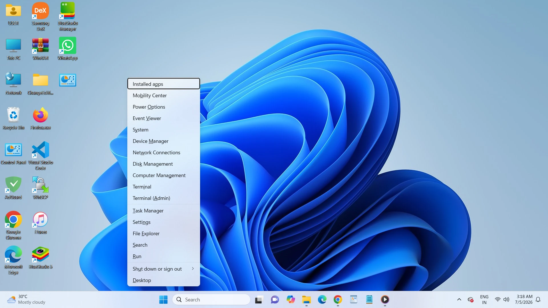 Windows 11 power user menu dialog triggered by keyboard shortcut