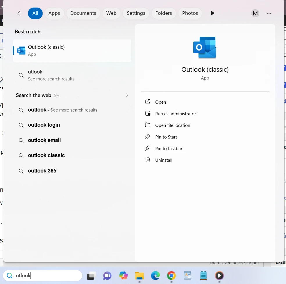Windows 11 Start menu search showing typo correction feature