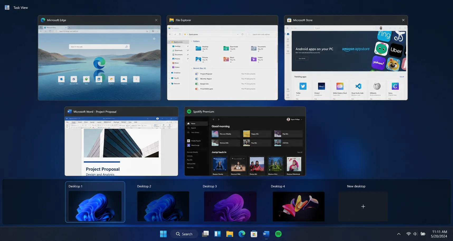 Task View interface displaying virtual desktops on Windows 11