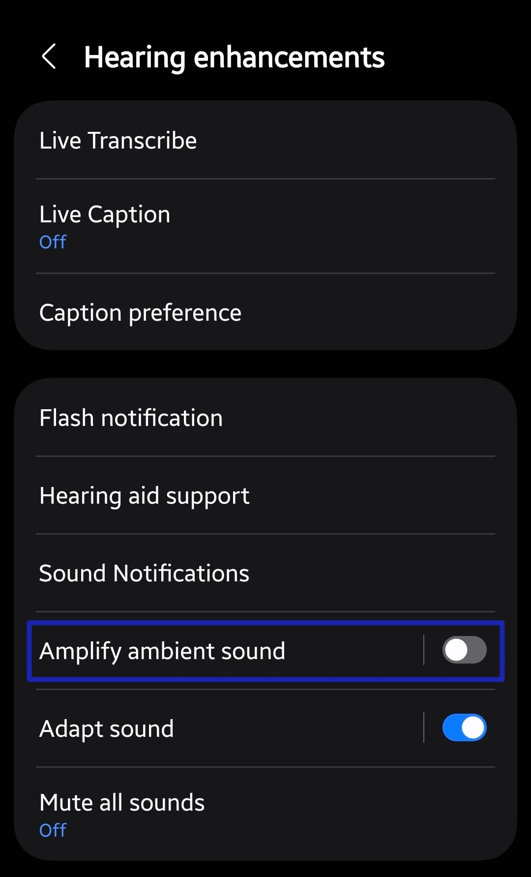 Amplify ambient sound on Samsung Galaxy phones setting