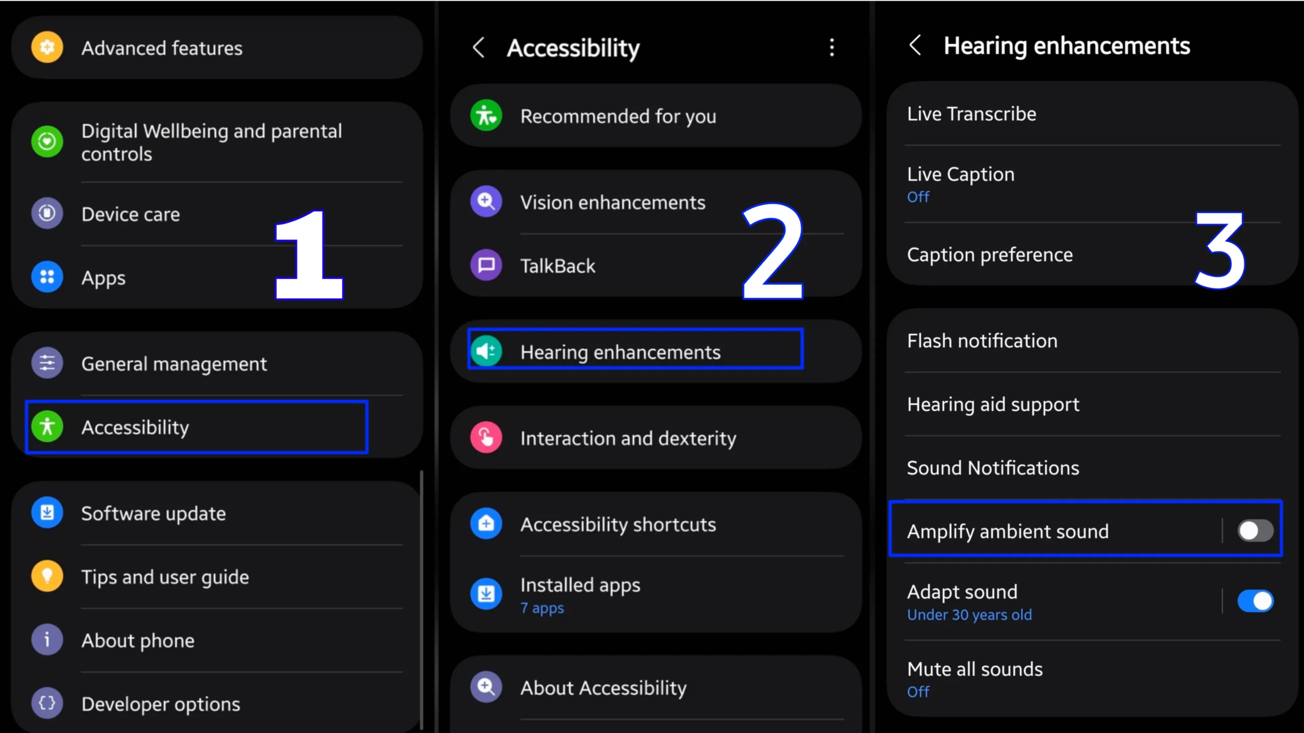 Steps to enable Samsung Amplify ambient sound shortcut